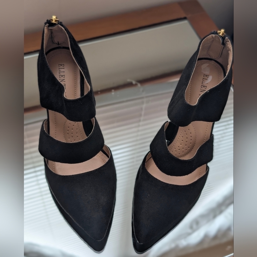 Ellen Tracy Women's Size 6.5 Black Suede Leather Almond Toe Strappy Zip Up Heels - Picture 4 of 13